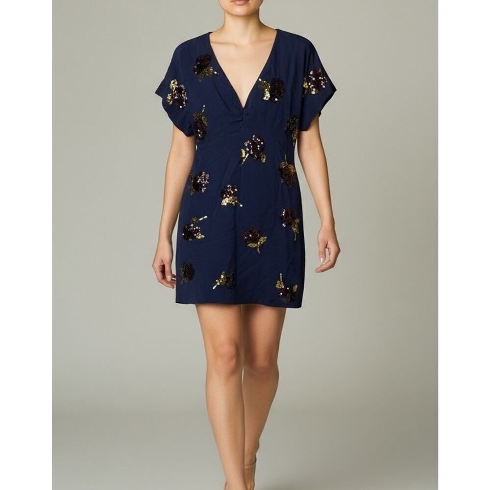 Dries Van Noten Navy Sequin Floral Viscose Mini Dress 36 US 4 Zip Back Party